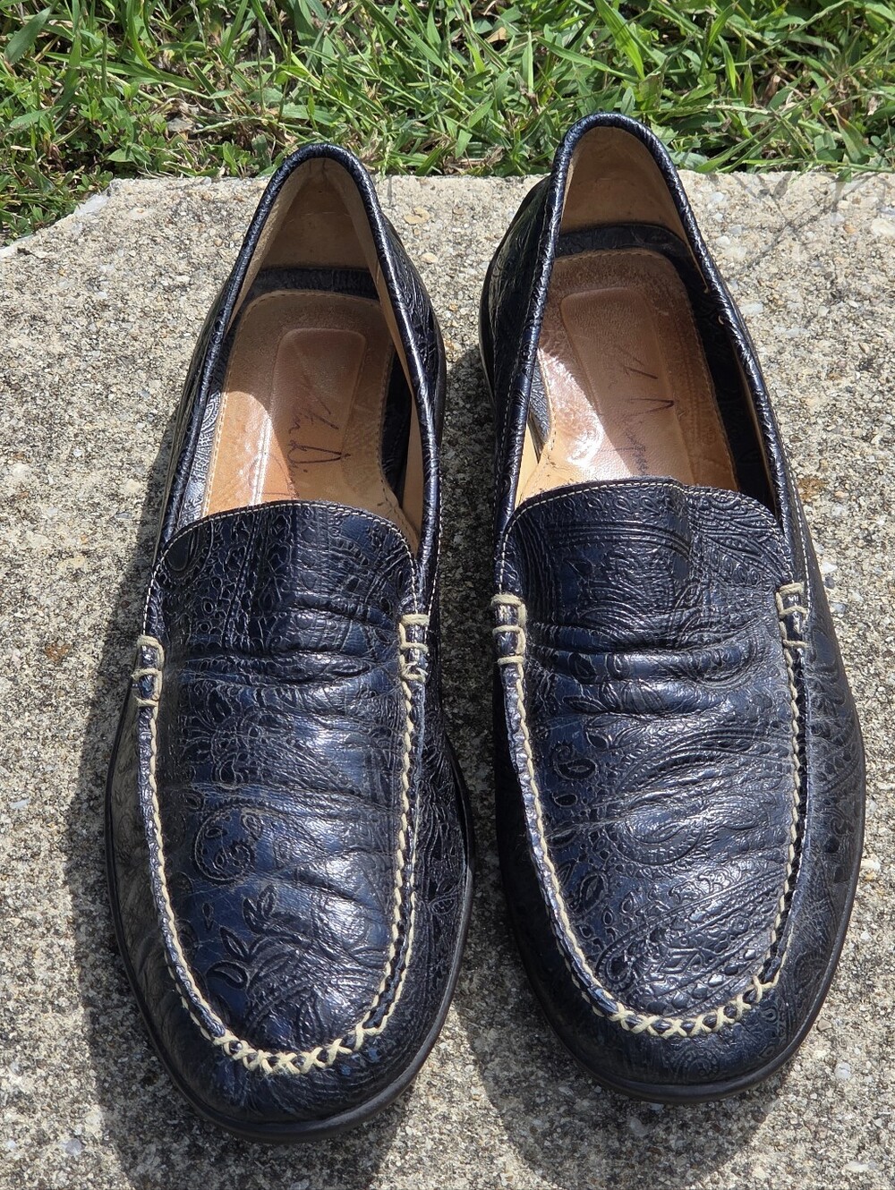 Martin Dingman Blue Paisley Tooled Leather Loafers Shoes 13